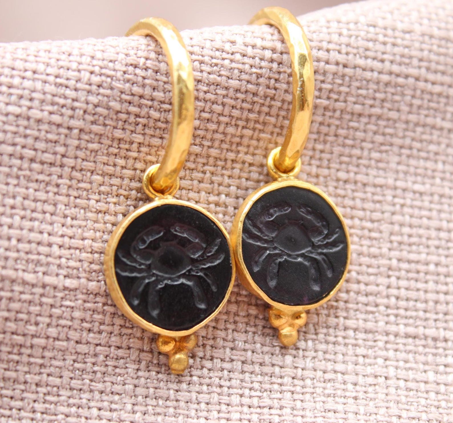 Cancer Zodiac Earrings, Handmade 925 Sterling Silver Jewelry, 22K Gold Plated Earrings, Crab Earrings, Astrology Earrings, Intaglio Earrings