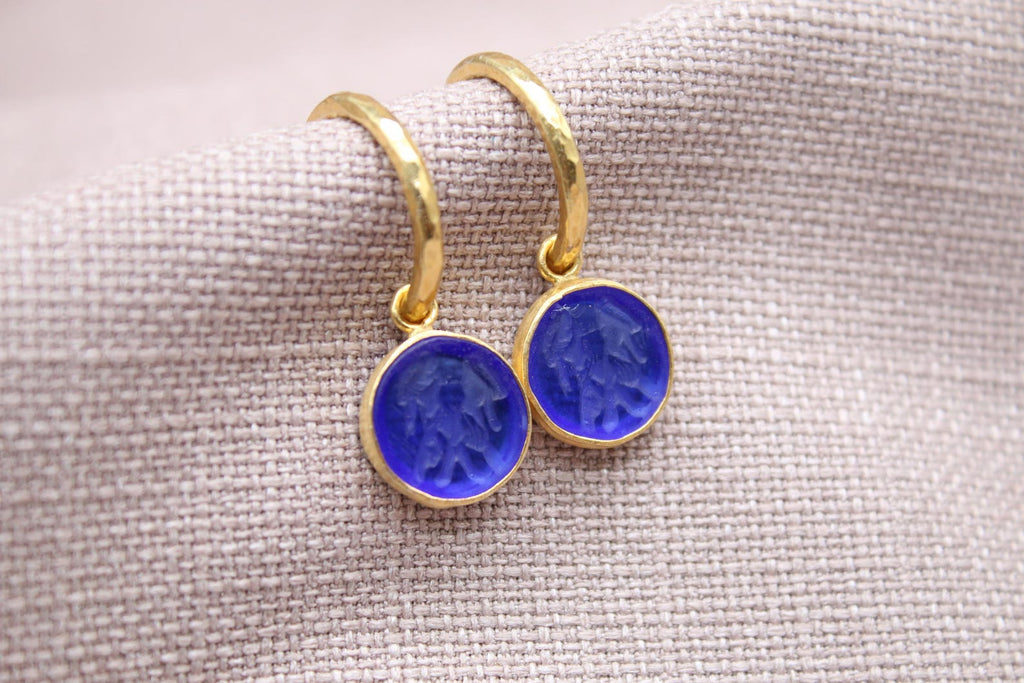 Gemini Zodiac Hoop Earrings, Blue Glass Intaglio 22K Gold Plated Silver Jewelry