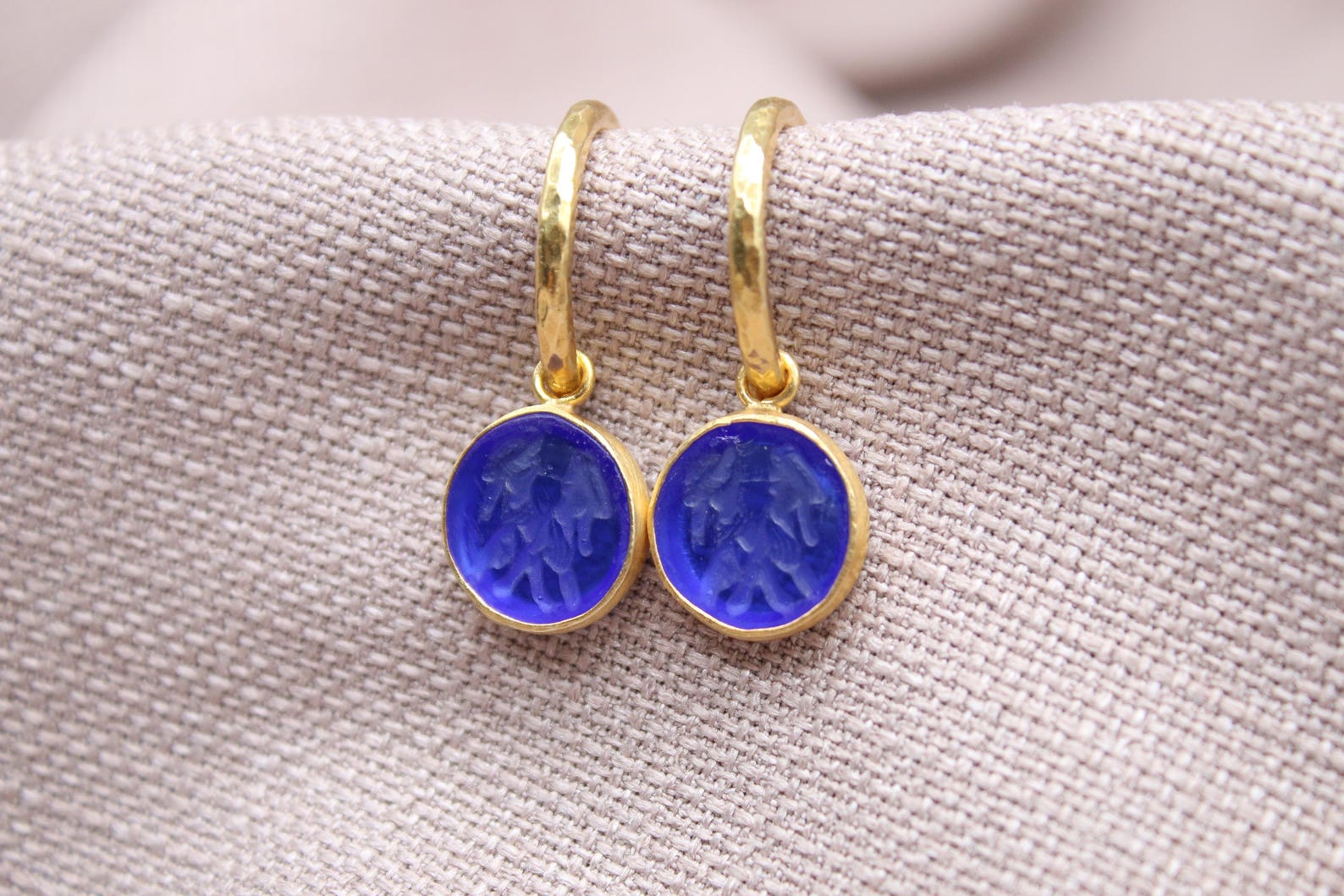 Gemini Zodiac Hoop Earrings, Blue Glass Intaglio 22K Gold Plated Silver Jewelry