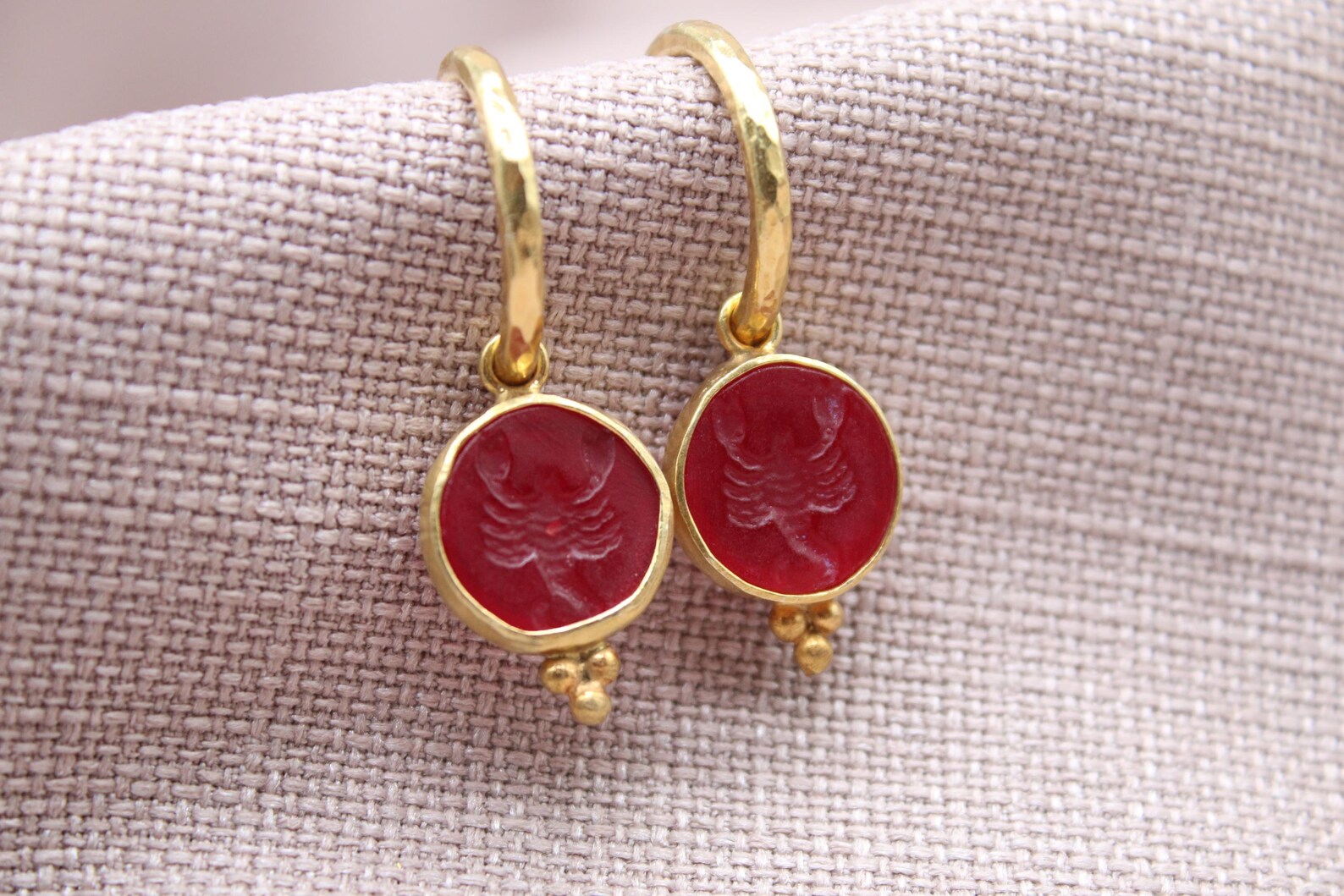 Red Intaglio Scorpio Earrings Gold Plated Sterling Silver Zodiac Hoop Earrings