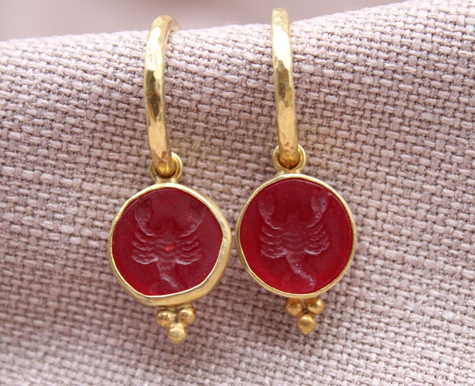 Red Intaglio Scorpio Earrings Gold Plated Sterling Silver Zodiac Hoop Earrings