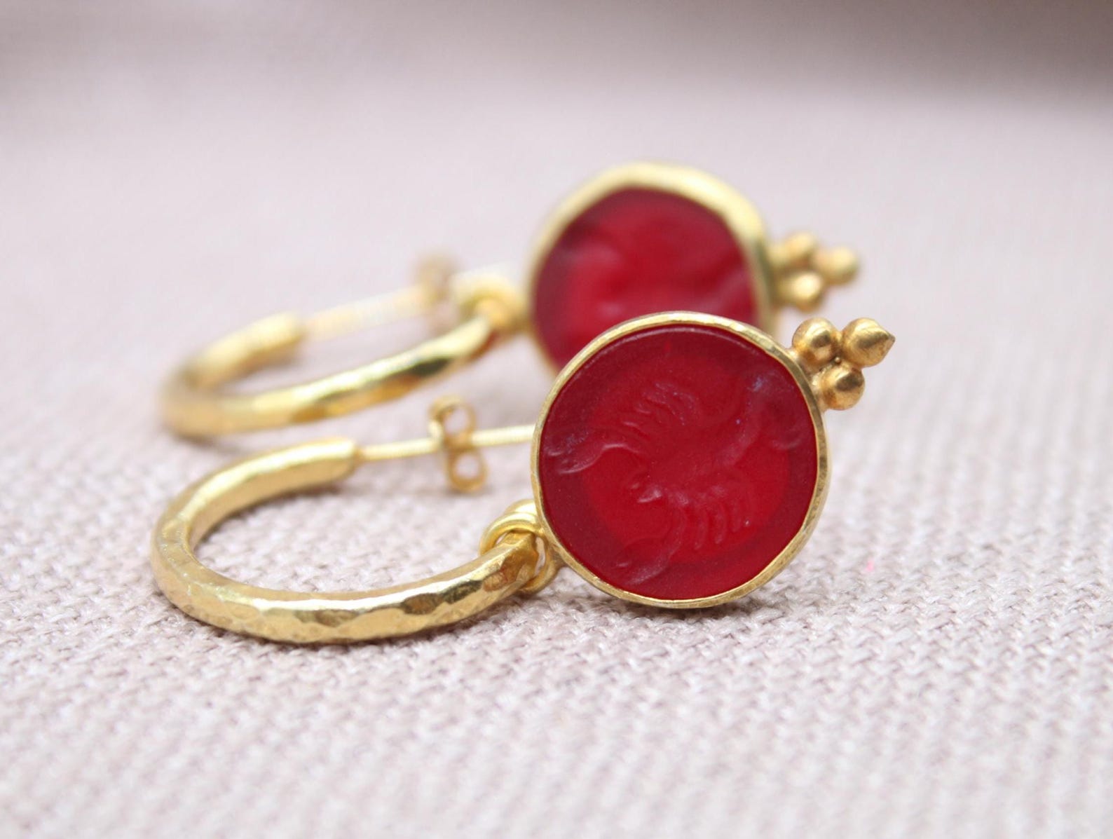 Red Intaglio Scorpio Earrings Gold Plated Sterling Silver Zodiac Hoop Earrings