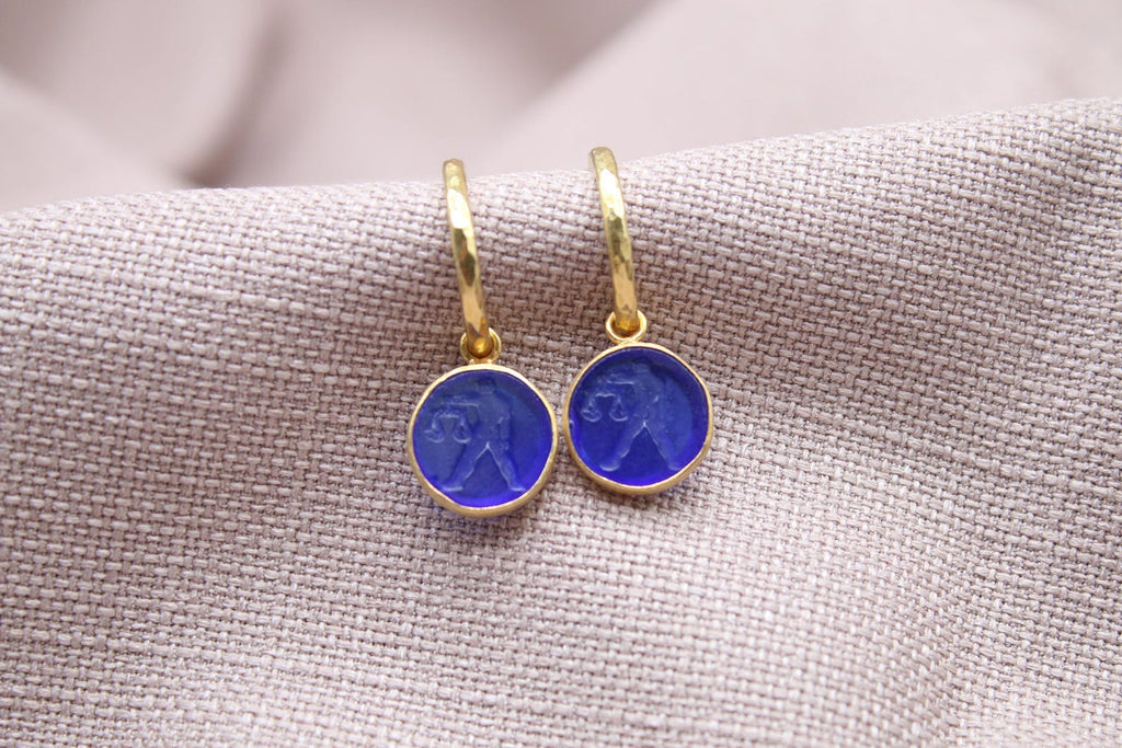 Libra Intaglio Glass Earrings in 22k Gold Plated Sterling Silver