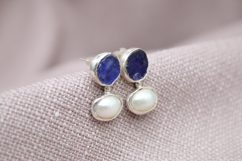 Raw Sapphire Pearl Stud Earrings Handmade Sterling Silver Gemstone Earrings
