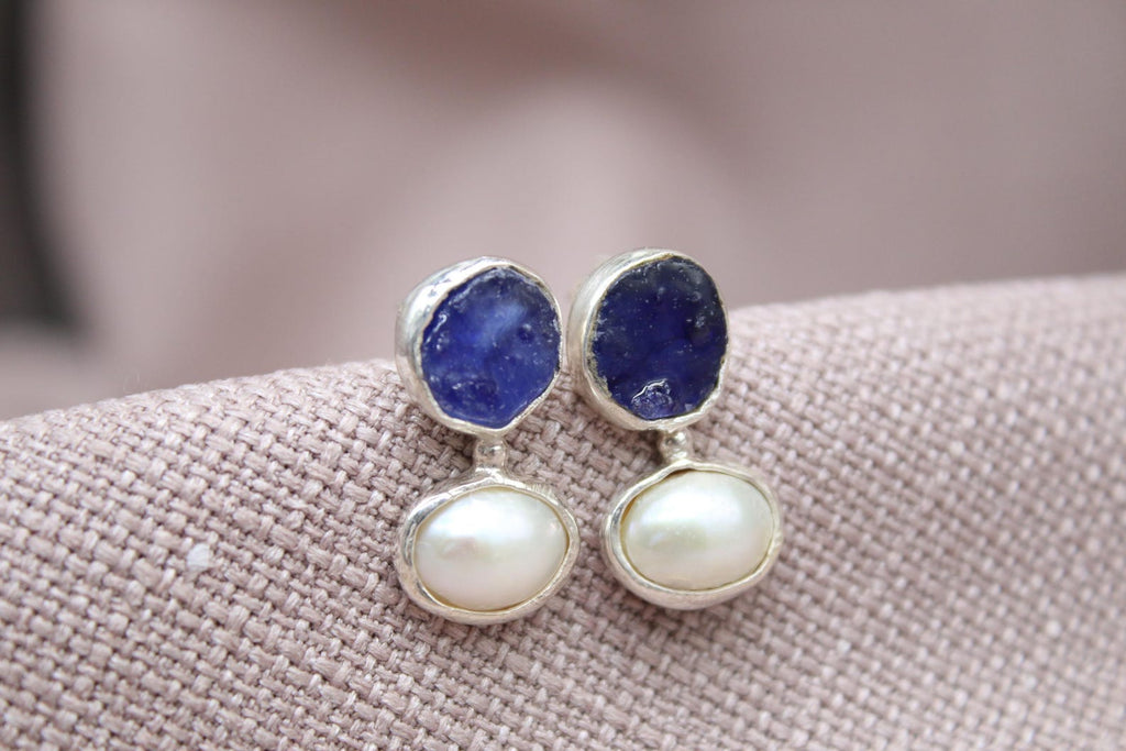 Raw Sapphire Pearl Stud Earrings Handmade Sterling Silver Gemstone Earrings
