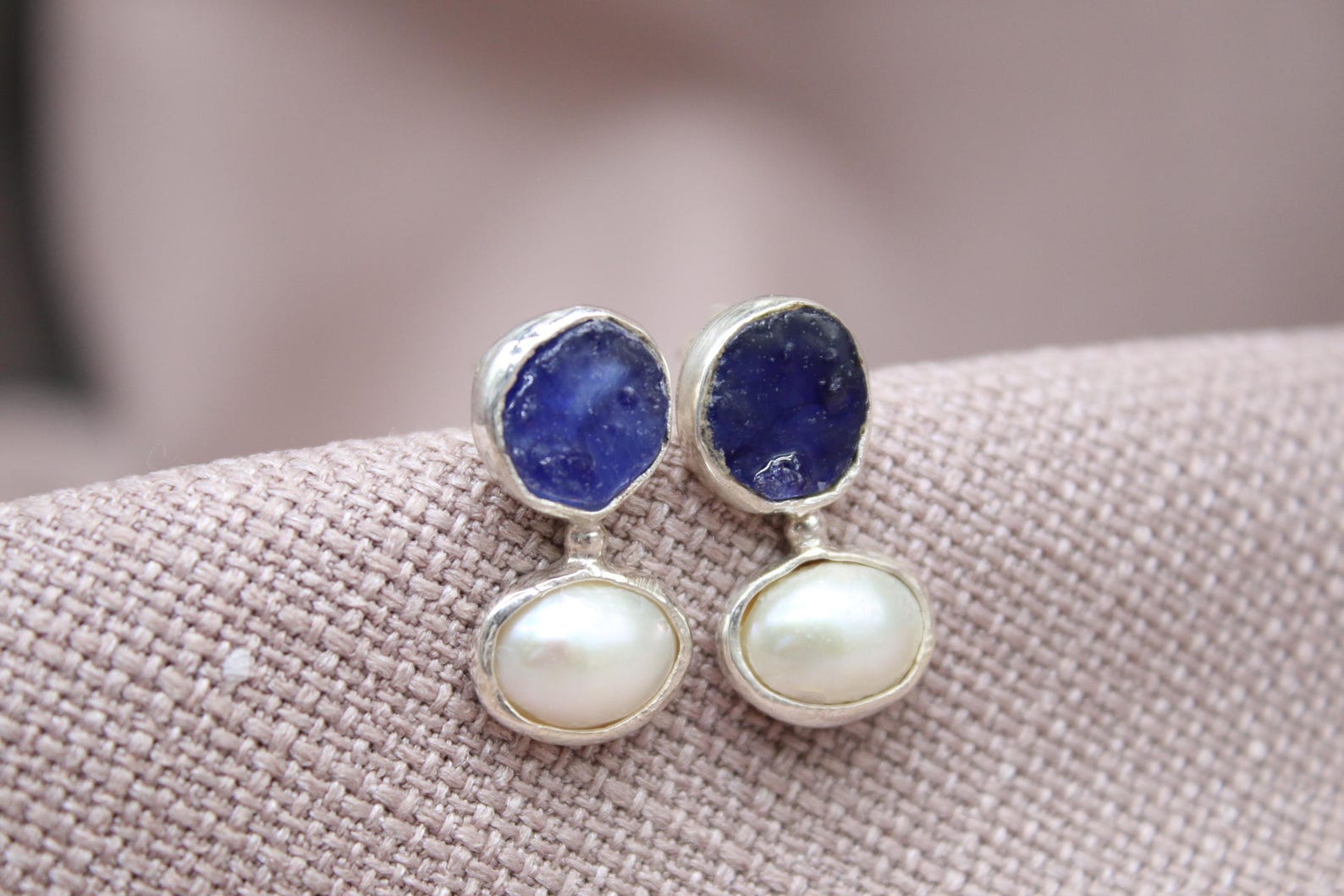 Raw Sapphire Pearl Stud Earrings Handmade Sterling Silver Gemstone Earrings