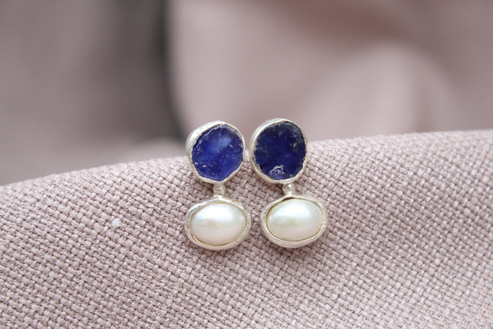 Raw Sapphire Pearl Stud Earrings Handmade Sterling Silver Gemstone Earrings