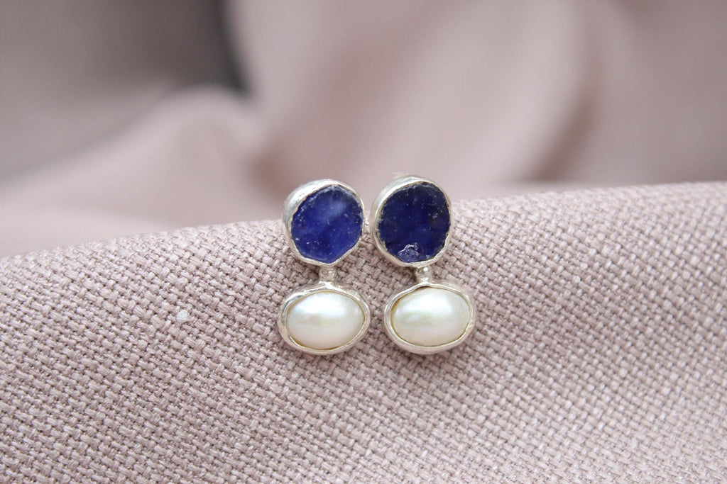 Raw Sapphire Pearl Stud Earrings Handmade Sterling Silver Gemstone Earrings