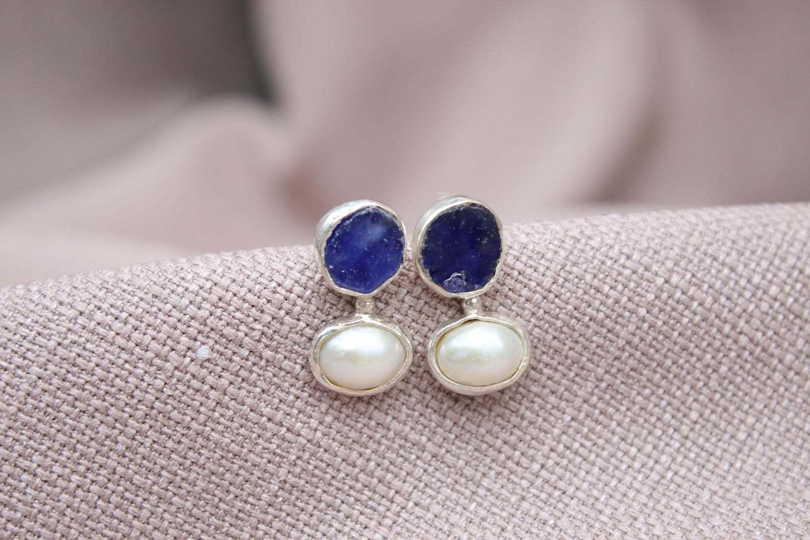 Raw Sapphire Pearl Stud Earrings Handmade Sterling Silver Gemstone Earrings