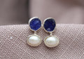 Raw Sapphire Pearl Stud Earrings Handmade Sterling Silver Gemstone Earrings