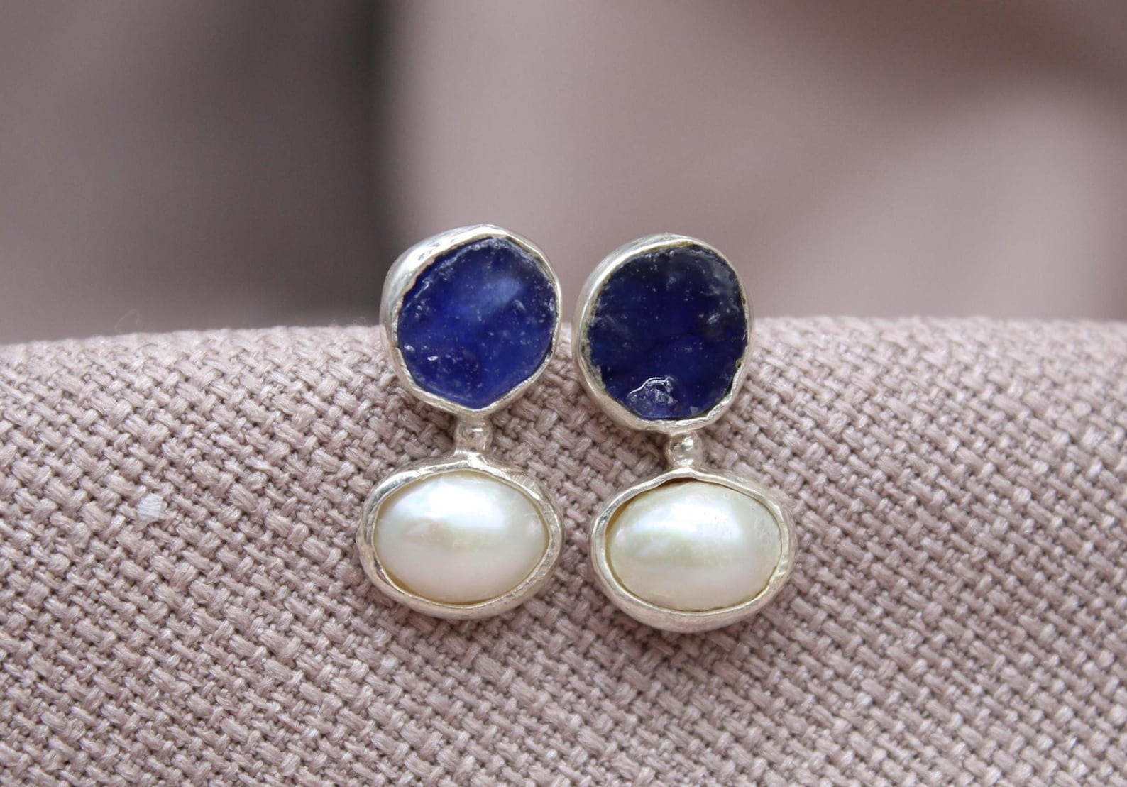 Raw Sapphire Pearl Stud Earrings Handmade Sterling Silver Gemstone Earrings