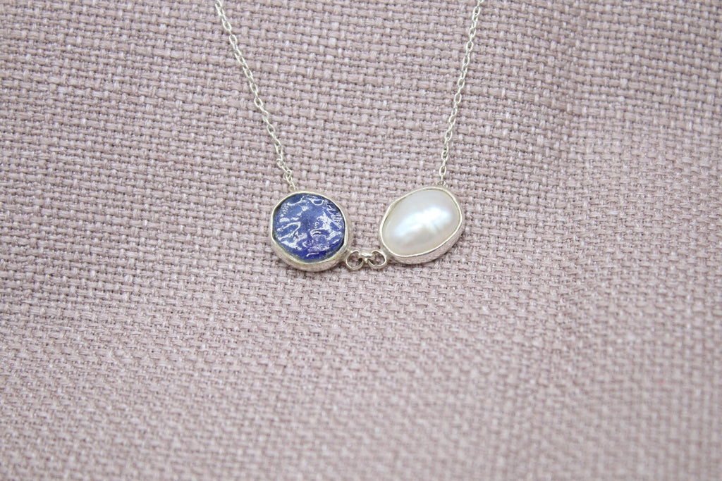 Raw Sapphire Pearl Necklace Handmade Sterling Silver Gemstone Necklace 18 inch chain