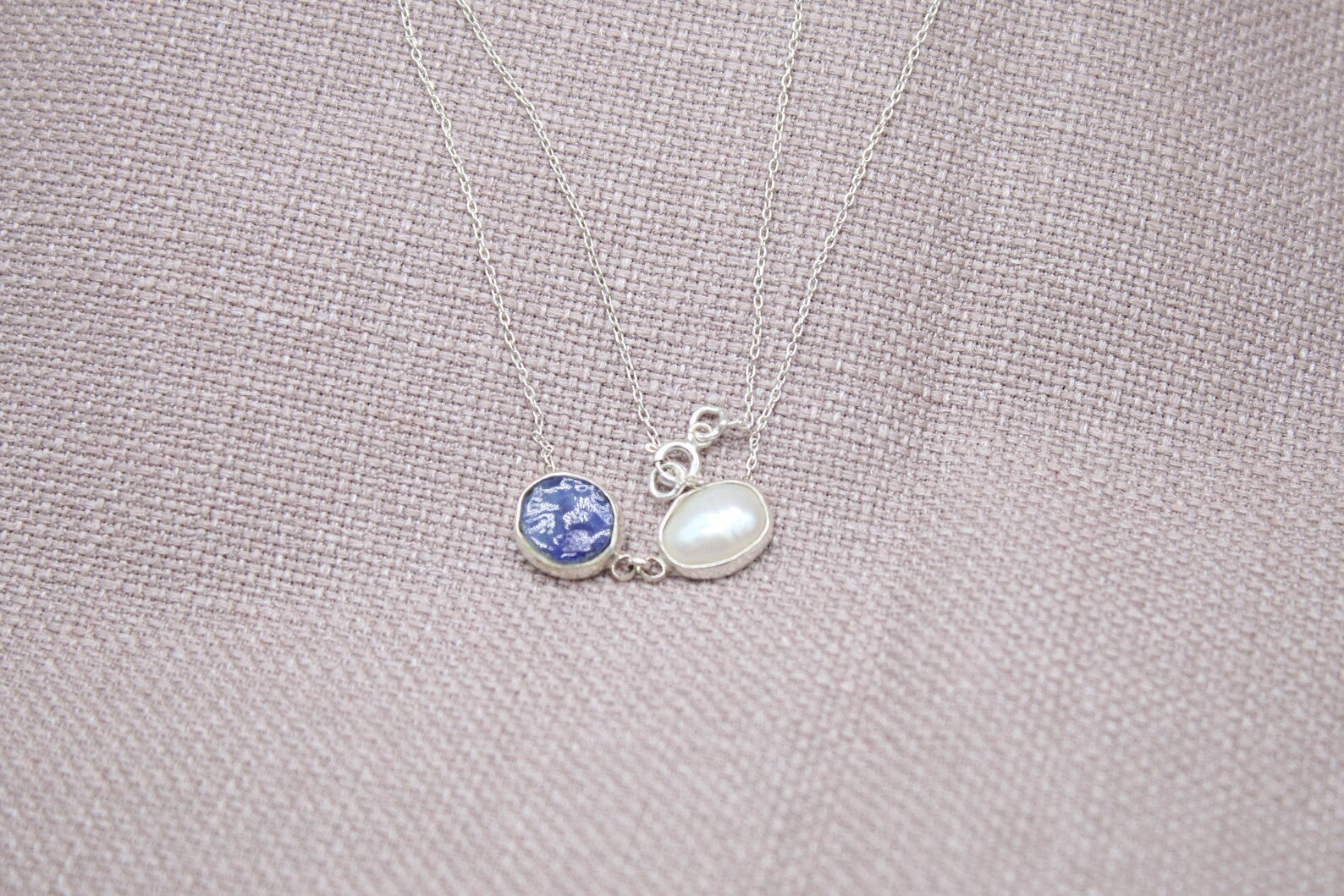 Raw Sapphire Pearl Necklace Handmade Sterling Silver Gemstone Necklace 18 inch chain