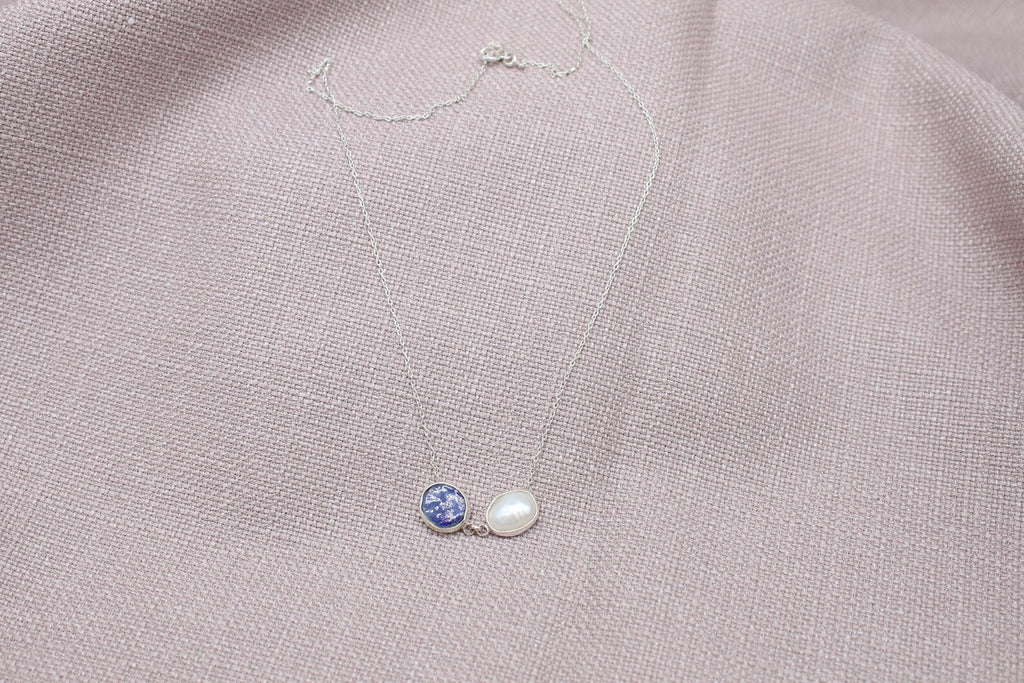 Raw Sapphire Pearl Necklace Handmade Sterling Silver Gemstone Necklace 18 inch chain