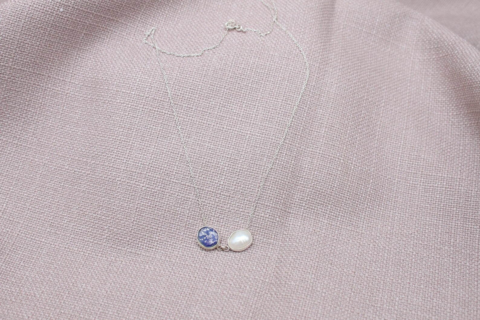 Raw Sapphire Pearl Necklace Handmade Sterling Silver Gemstone Necklace 18 inch chain