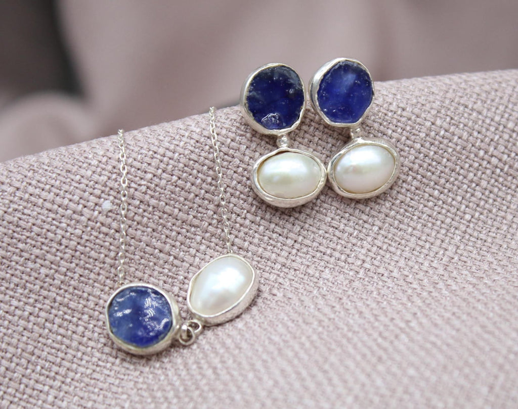 Raw Sapphire Pearl Jewelry Set Sterling Silver Necklace Earring Set