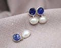 Raw Sapphire Pearl Jewelry Set Sterling Silver Necklace Earring Set