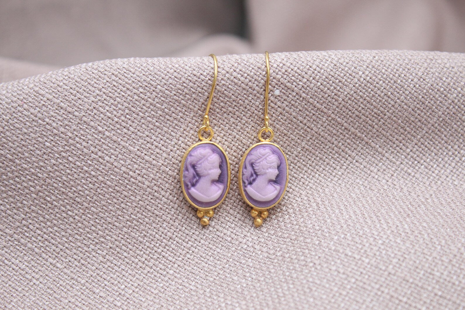 Victorian Cameo Earrings Gold Plated Sterling Silver Drop Earrings