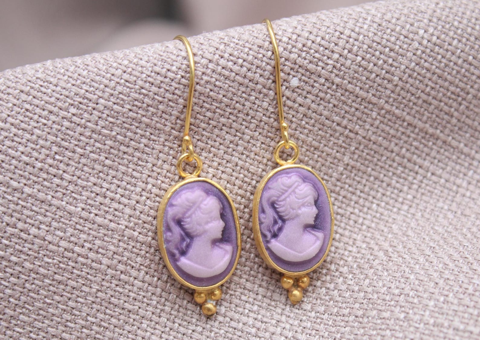 Victorian Cameo Earrings Gold Plated Sterling Silver Drop Earrings