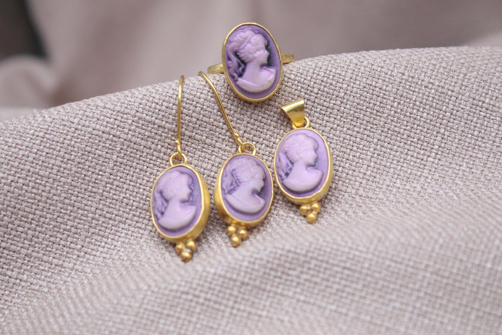 Victorian Cameo Jewelry Set Gold Plated Sterling Silver Gift Set