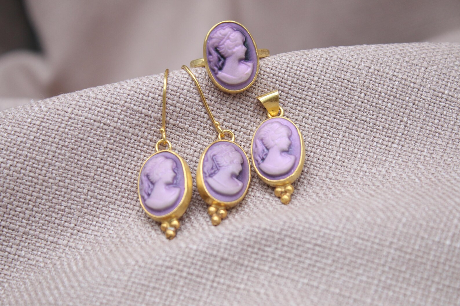 Victorian Cameo Jewelry Set Gold Plated Sterling Silver Gift Set
