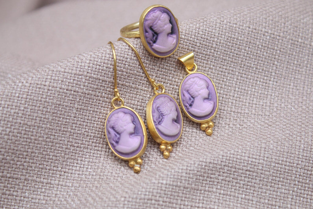 Victorian Cameo Jewelry Set Gold Plated Sterling Silver Gift Set