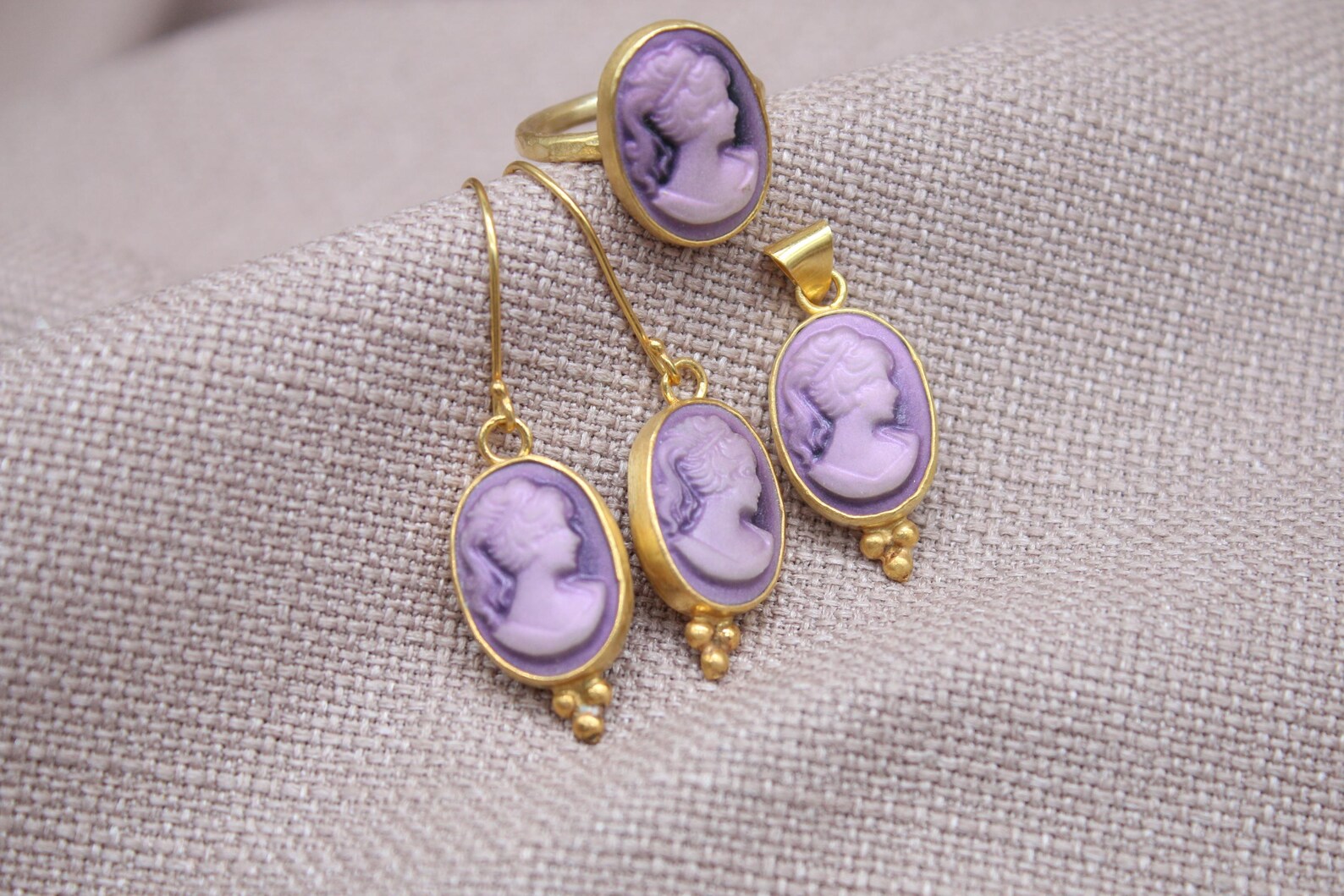 Victorian Cameo Jewelry Set Gold Plated Sterling Silver Gift Set