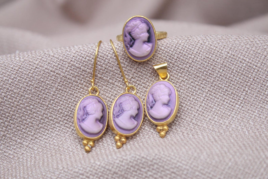 Victorian Cameo Jewelry Set Gold Plated Sterling Silver Gift Set