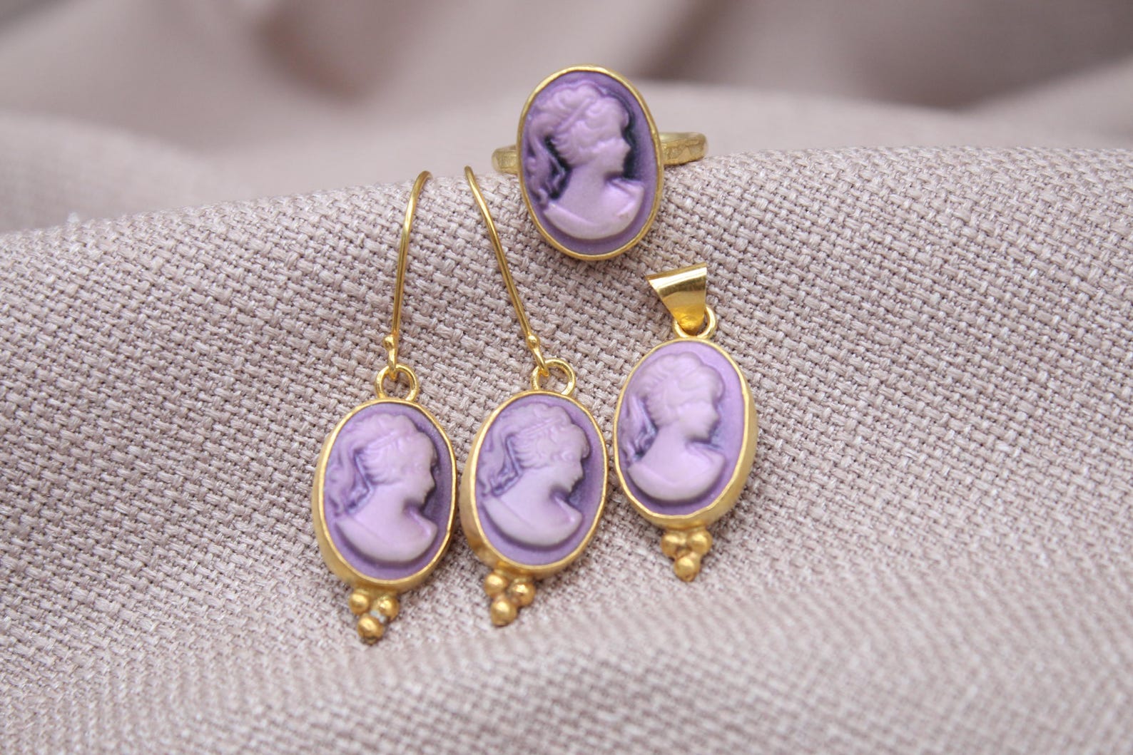 Victorian Cameo Jewelry Set Gold Plated Sterling Silver Gift Set