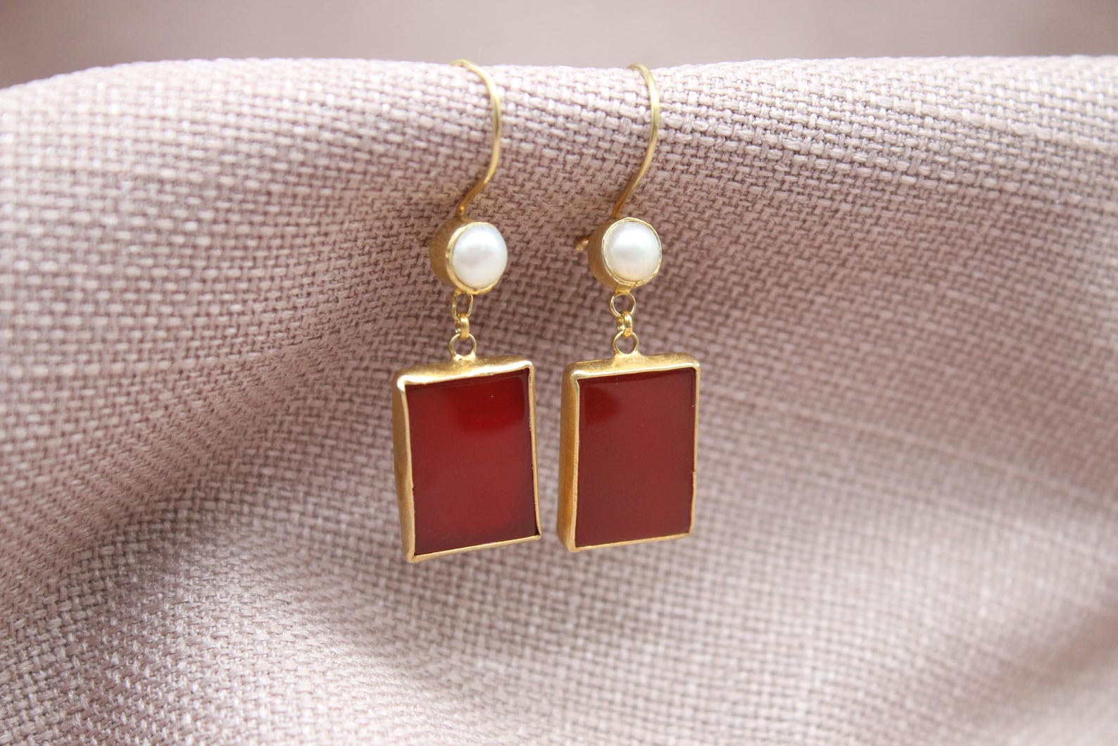 Carnelian Pearl Drop Earrings Gold Plated Sterling Silver Earrings