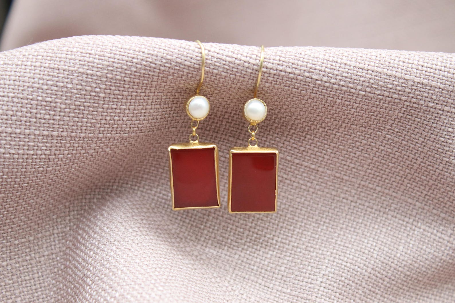 Carnelian Pearl Drop Earrings Gold Plated Sterling Silver Earrings