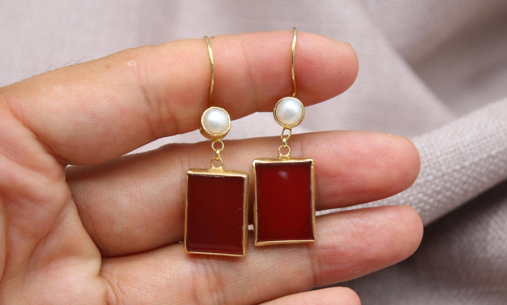 Carnelian Pearl Drop Earrings Gold Plated Sterling Silver Earrings