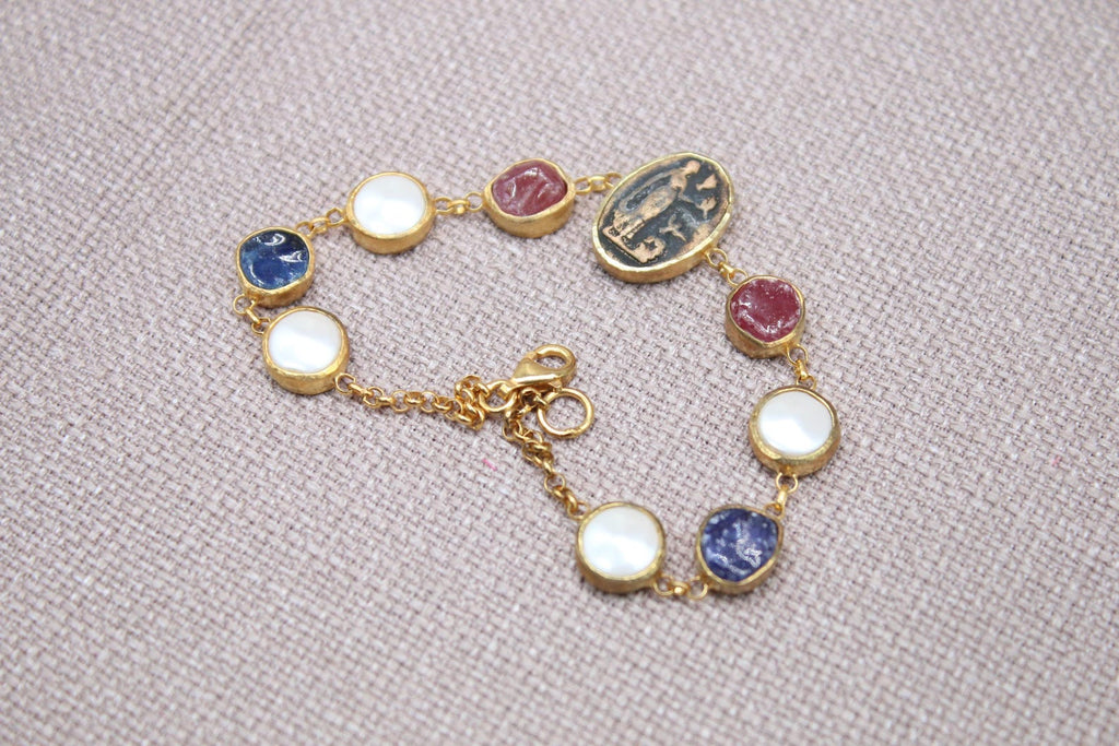 Virgin Mary Gemstone Bracelet Gold Plated Sapphire Ruby Pearl Bracelet