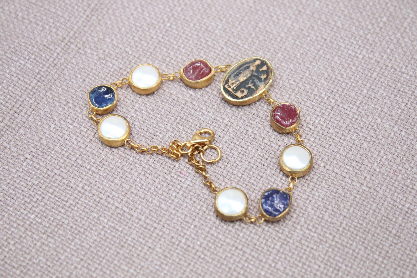 Virgin Mary Gemstone Bracelet Gold Plated Sapphire Ruby Pearl Bracelet