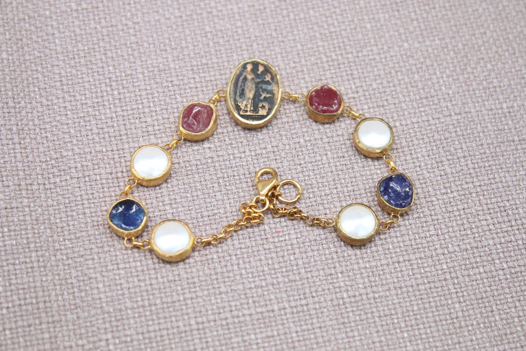 Virgin Mary Gemstone Bracelet Gold Plated Sapphire Ruby Pearl Bracelet