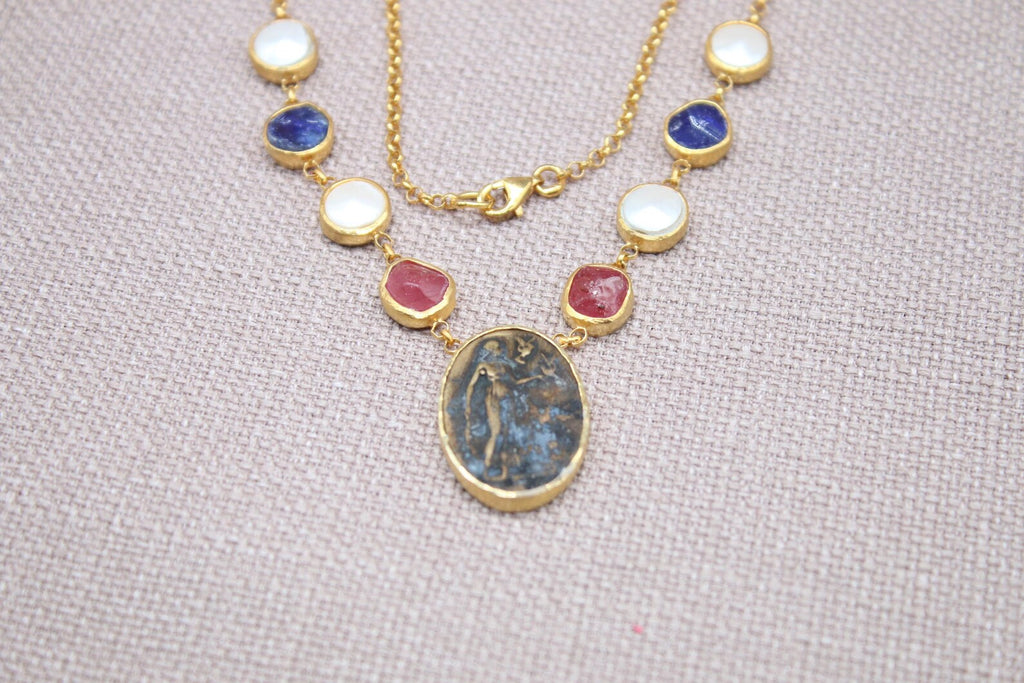 Virgin Mary Gemstone Necklace Gold Plated Sapphire Ruby Pearl Necklace