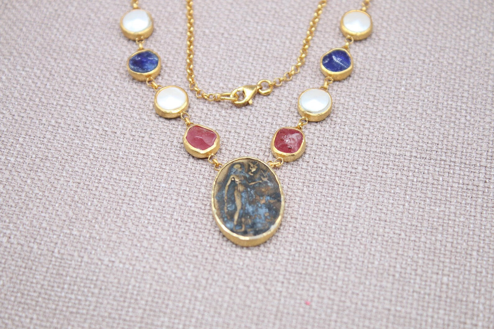 Virgin Mary Gemstone Necklace Gold Plated Sapphire Ruby Pearl Necklace