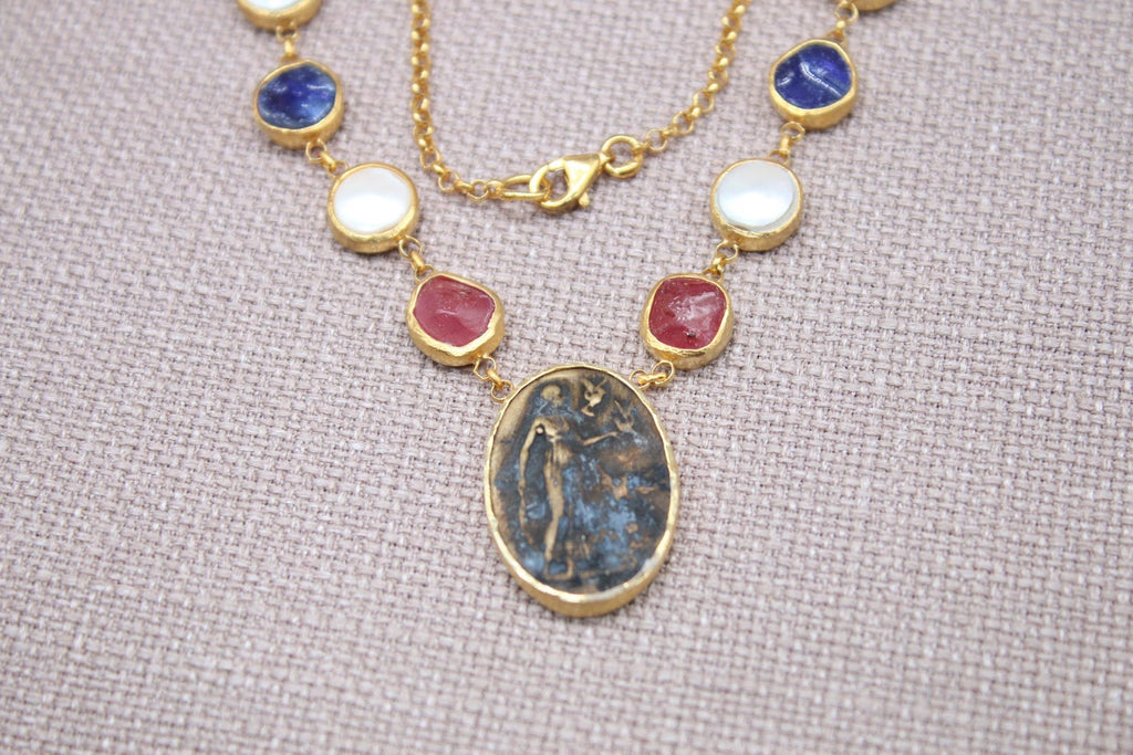 Virgin Mary Gemstone Necklace Gold Plated Sapphire Ruby Pearl Necklace