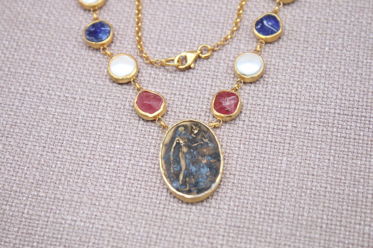 Virgin Mary Gemstone Necklace Gold Plated Sapphire Ruby Pearl Necklace