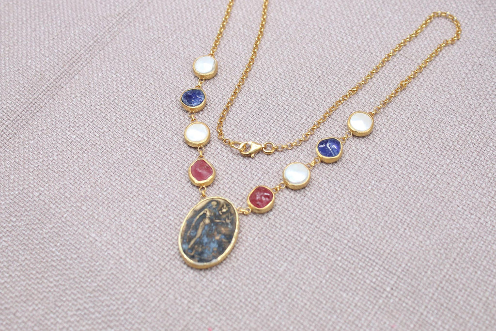 Virgin Mary Gemstone Necklace Gold Plated Sapphire Ruby Pearl Necklace