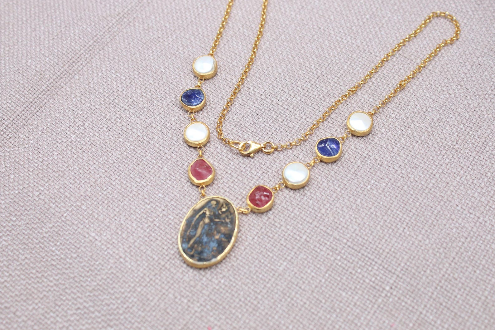Virgin Mary Gemstone Necklace Gold Plated Sapphire Ruby Pearl Necklace