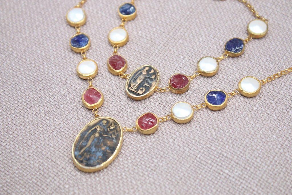 Virgin Mary Sapphire Ruby Pearl Jewelry Set Gold Plated Necklace Bracelet