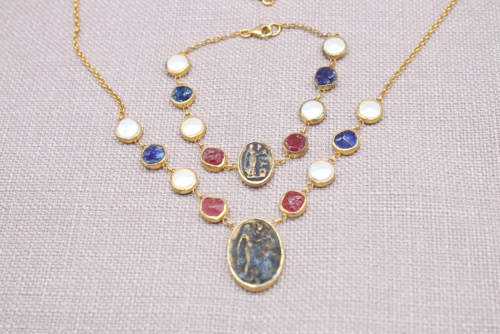 Virgin Mary Sapphire Ruby Pearl Jewelry Set Gold Plated Necklace Bracelet