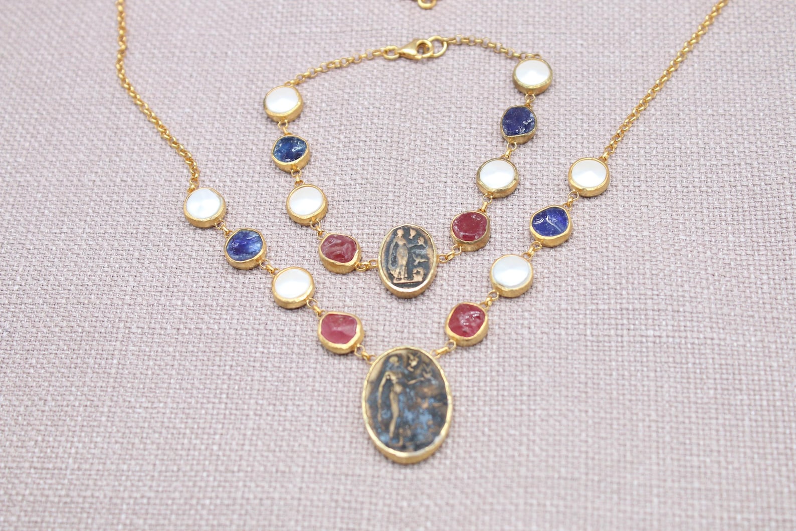 Virgin Mary Sapphire Ruby Pearl Jewelry Set Gold Plated Necklace Bracelet