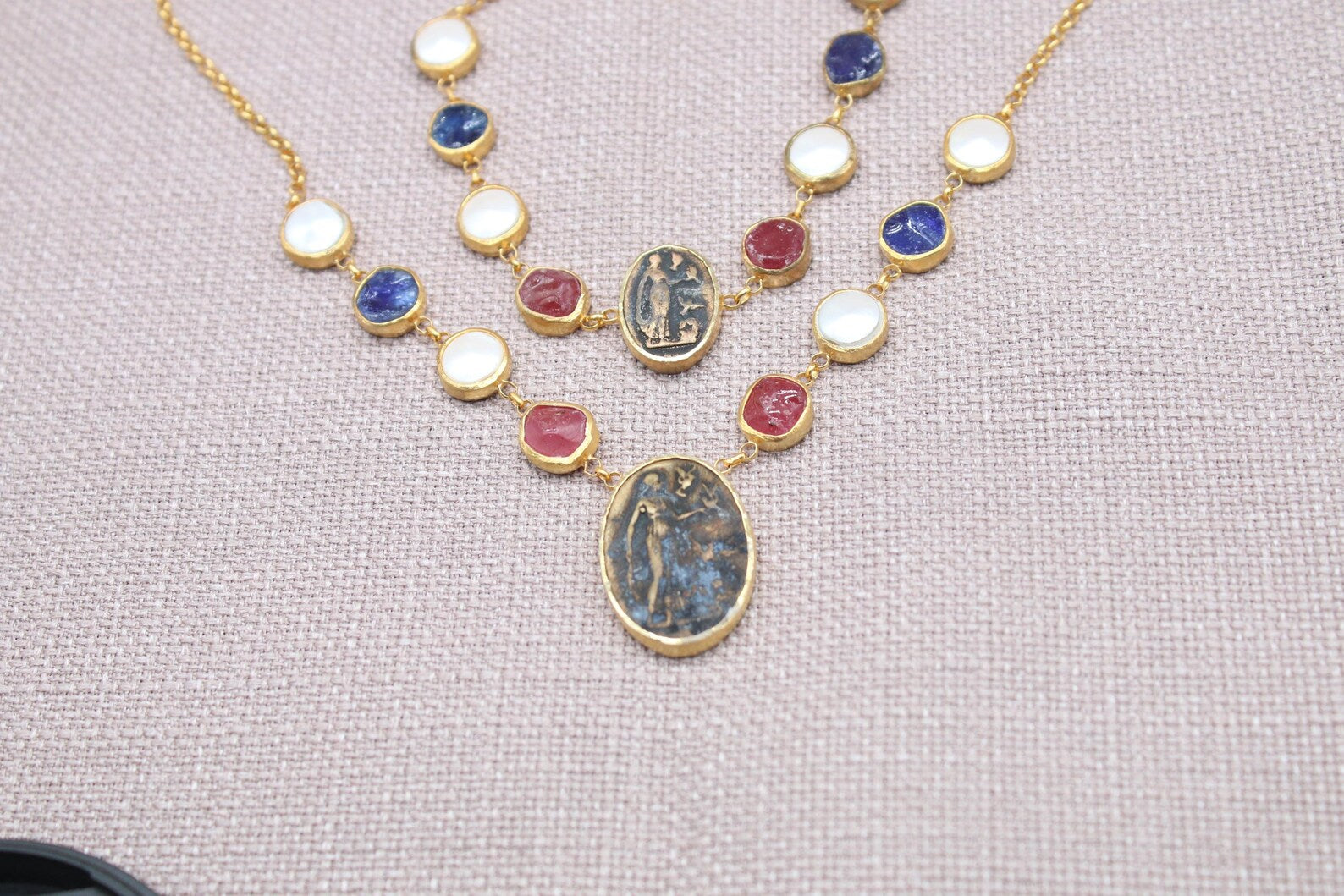 Virgin Mary Sapphire Ruby Pearl Jewelry Set Gold Plated Necklace Bracelet