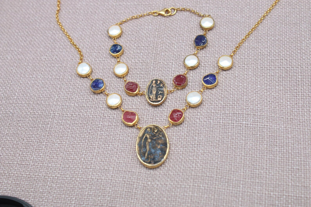 Virgin Mary Sapphire Ruby Pearl Jewelry Set Gold Plated Necklace Bracelet