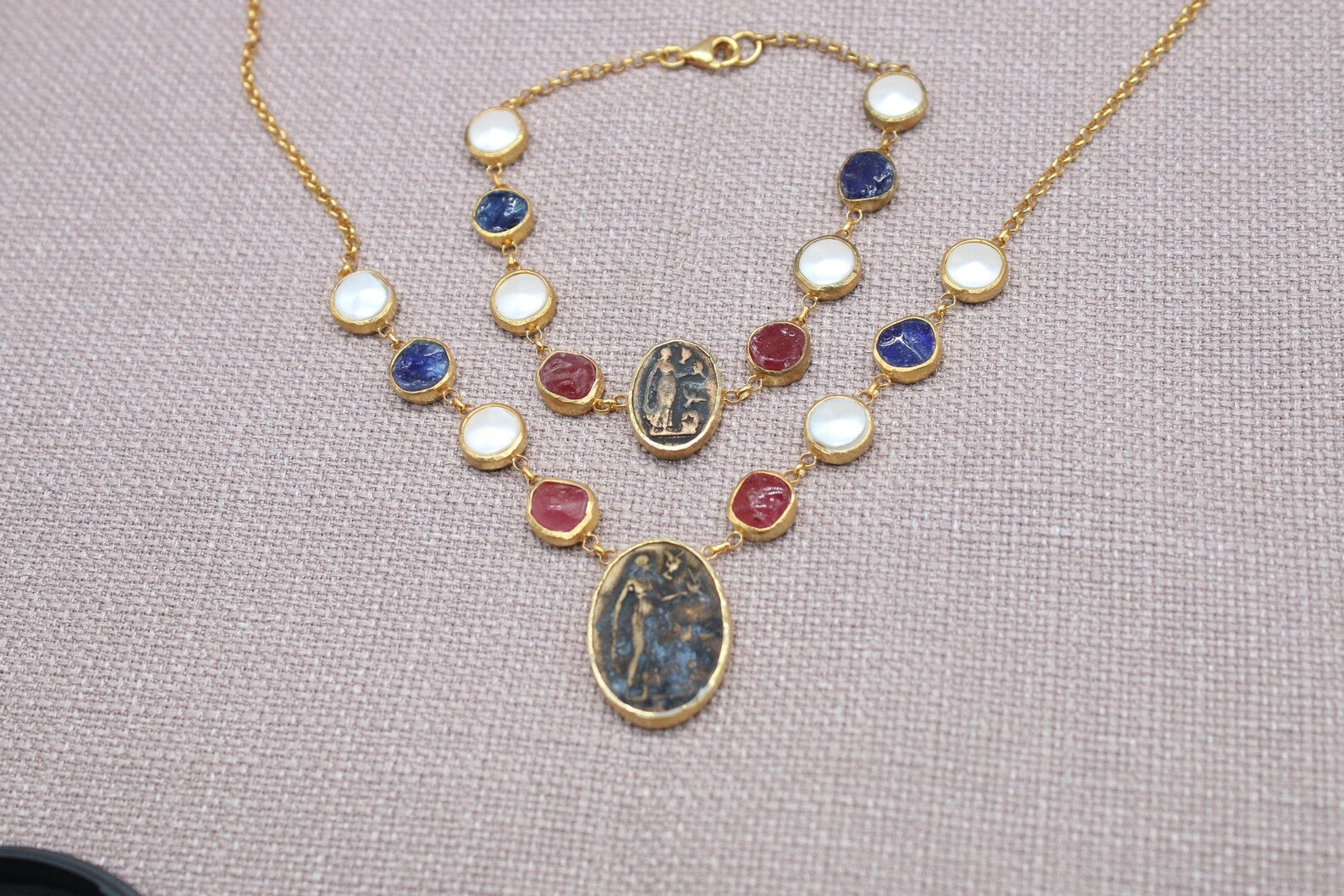 Virgin Mary Sapphire Ruby Pearl Jewelry Set Gold Plated Necklace Bracelet