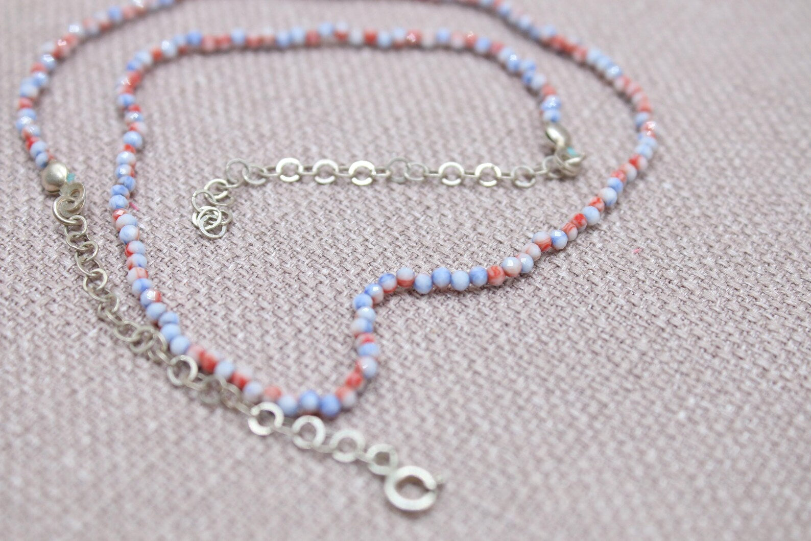 Coral Seed Bead Necklace Dainty Sterling Silver Choker Handmade Minimalist Jewelry 18 inch Length