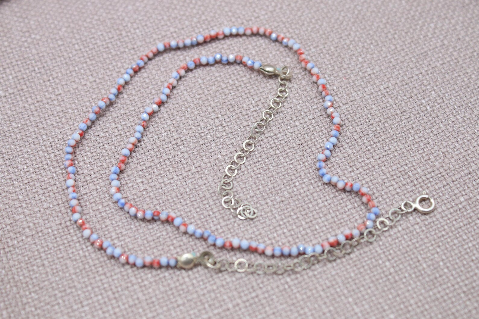 Coral Seed Bead Necklace Dainty Sterling Silver Choker Handmade Minimalist Jewelry 18 inch Length