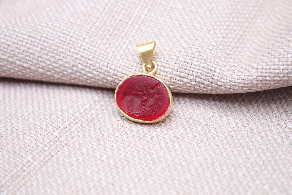Aquarius Intaglio Pendant Red Glass Zodiac Charm Gold Vermeil Handmade Necklace